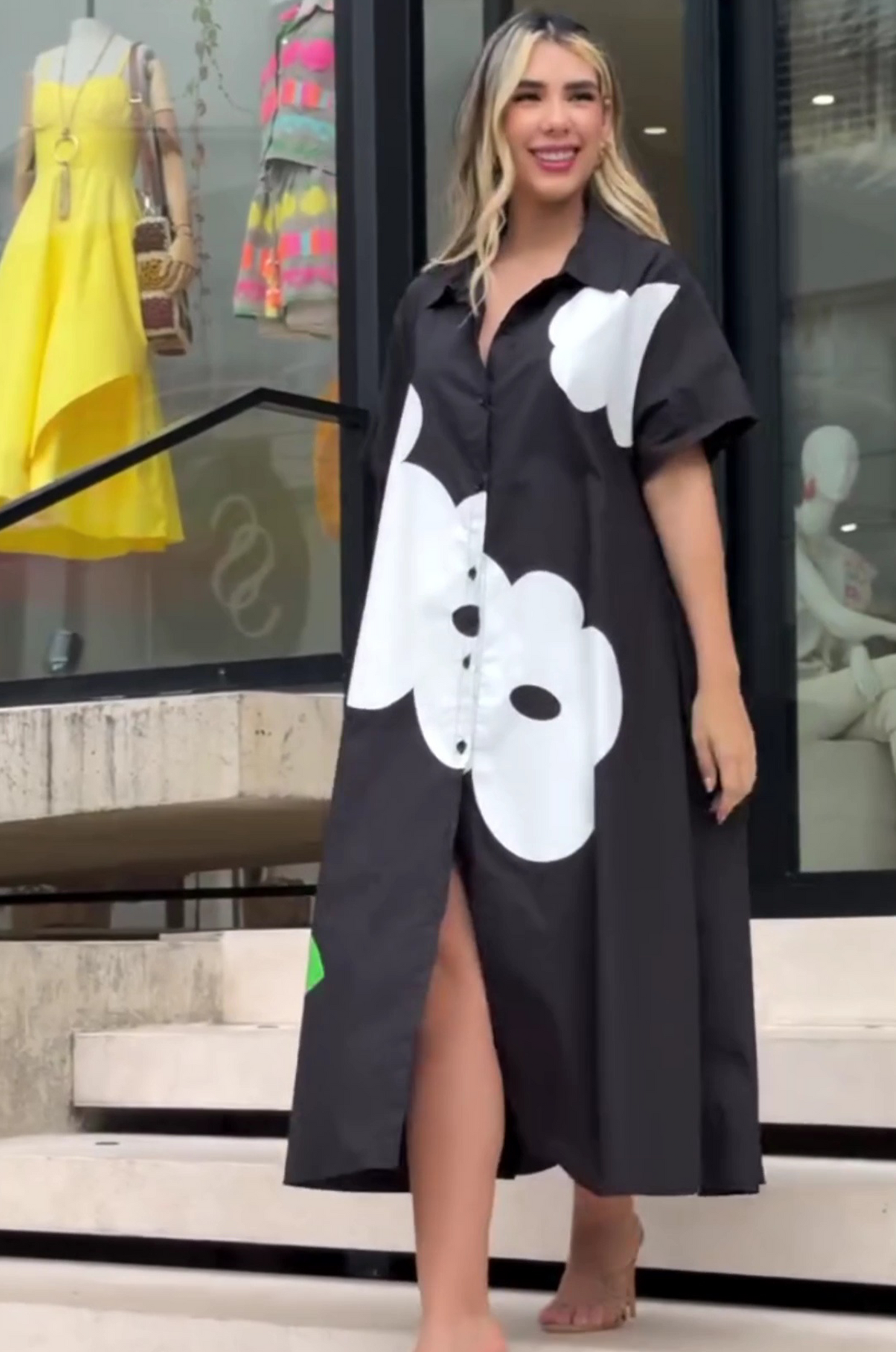 Modern Black A-line Shirt Dress with Flower Design