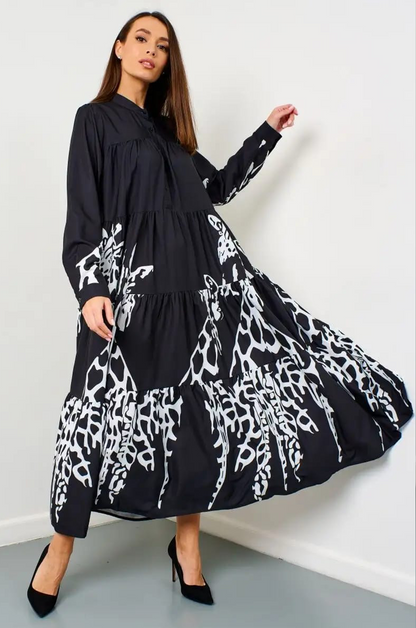 Flowy Monochrome Tiered Long Shirt Dress
