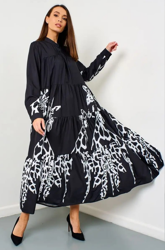Flowy Monochrome Tiered Long Shirt Dress