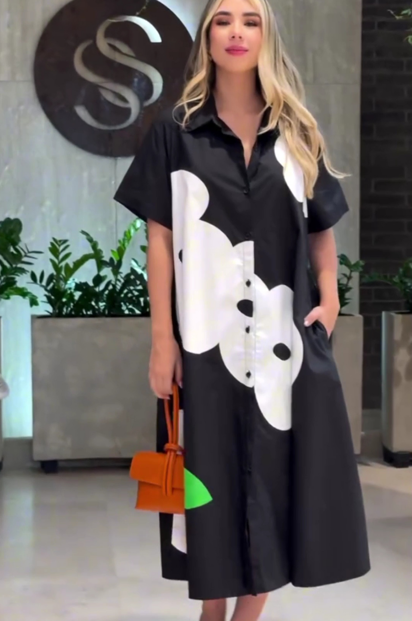 Modern Black A-line Shirt Dress with Flower Design