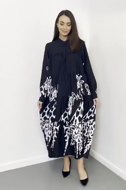 Flowy Monochrome Tiered Long Shirt Dress