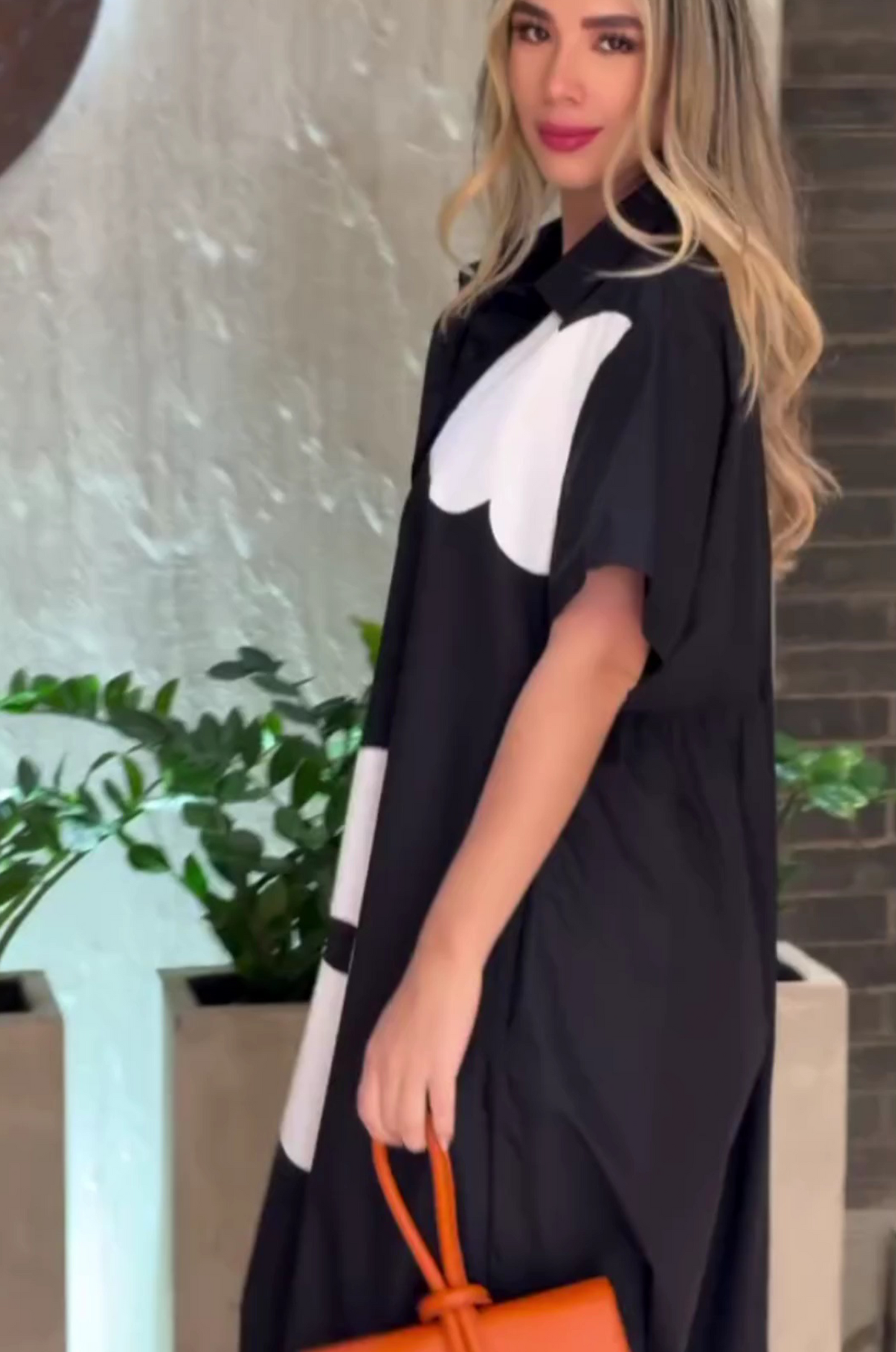 Modern Black A-line Shirt Dress with Flower Design