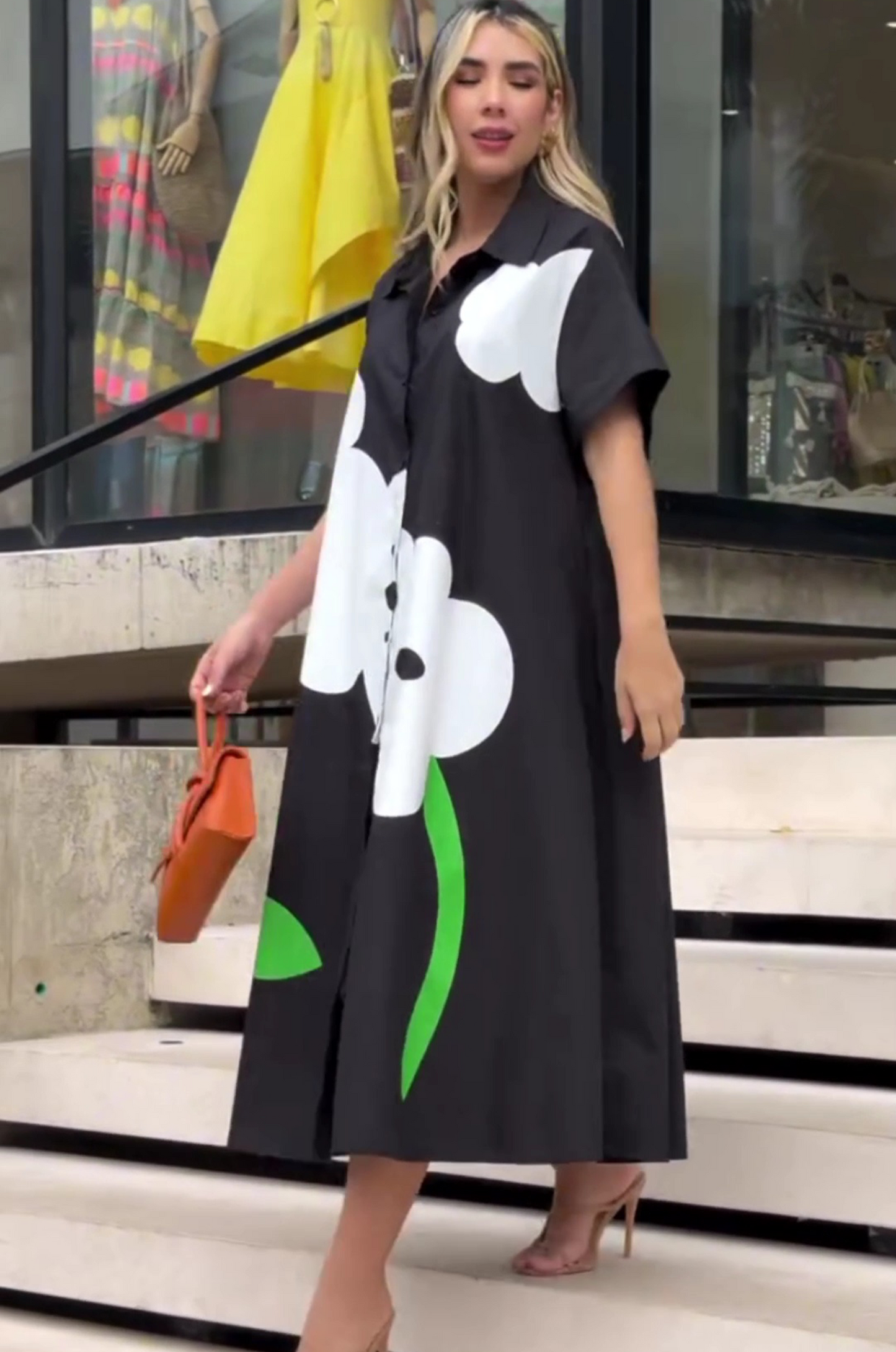 Modern Black A-line Shirt Dress with Flower Design