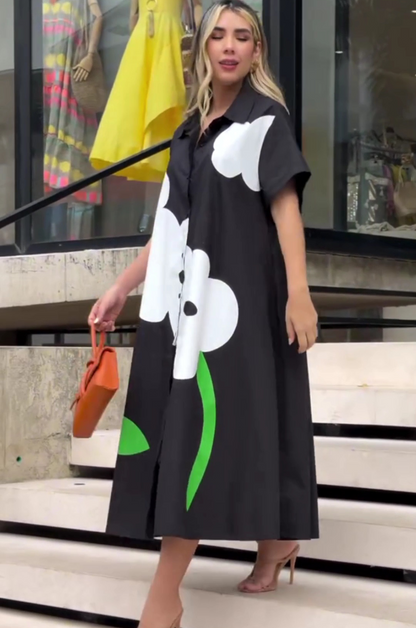 Modern Black A-line Shirt Dress with Flower Design