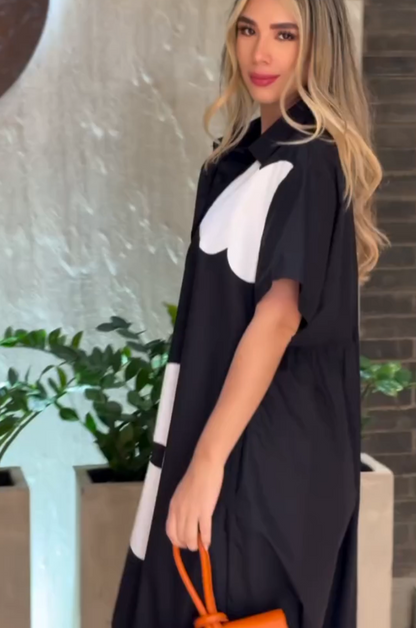 Modern Black A-line Shirt Dress with Flower Design