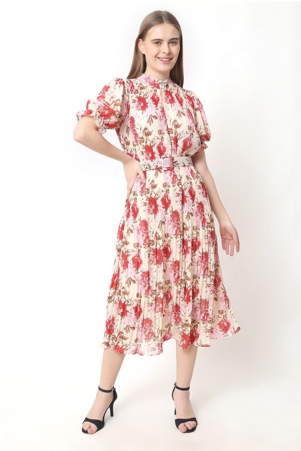 Pleated Pink Floral Dress