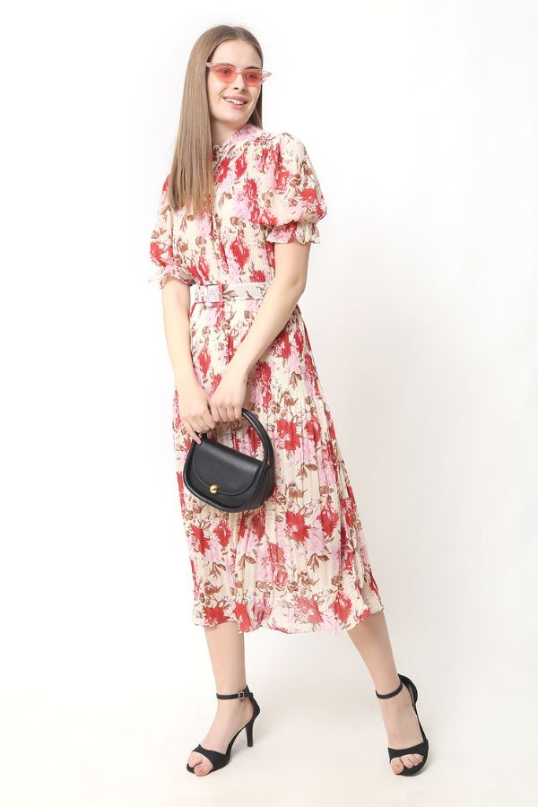 Pleated Pink Floral Dress