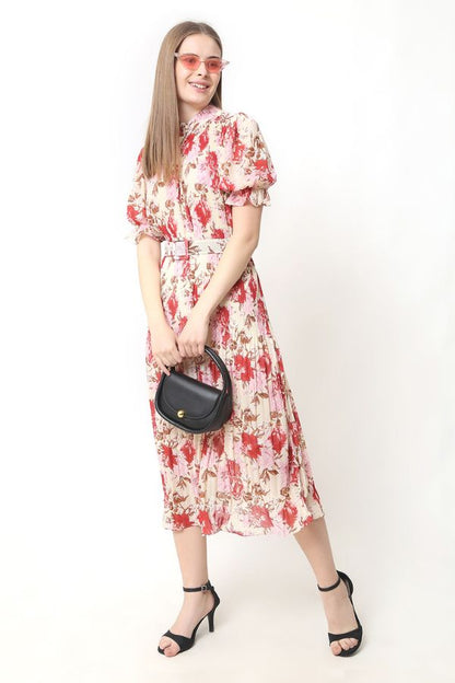 Pleated Pink Floral Dress