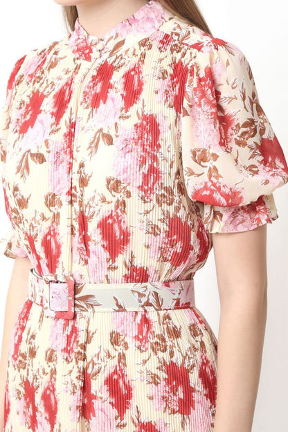 Pleated Pink Floral Dress