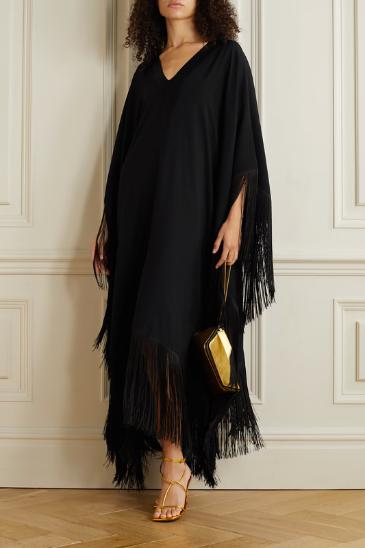 Black V- Neck Fringe Kaftan Dress